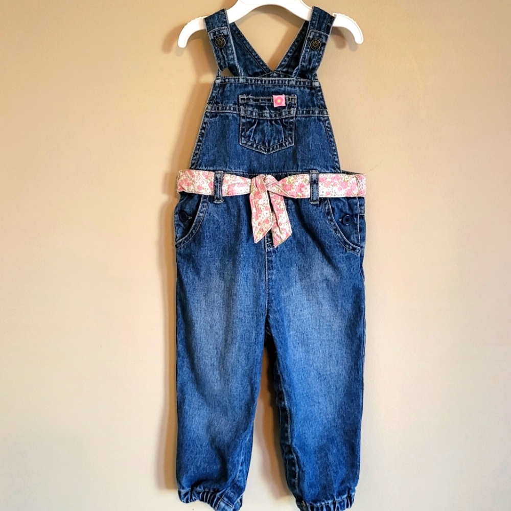 Girl's denim overalls with attached floral belt